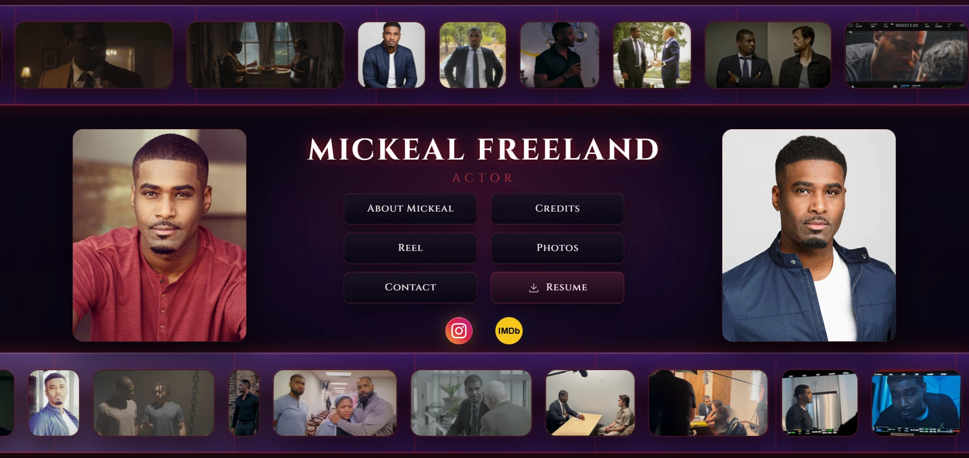 Purple editorial actor portfolio homepage